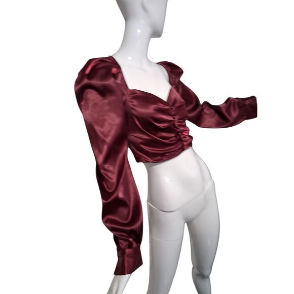 Windsor Women's size Small Falling For You Puff Sleeve Satin Romantic Crop Top - Picture 6 of 13